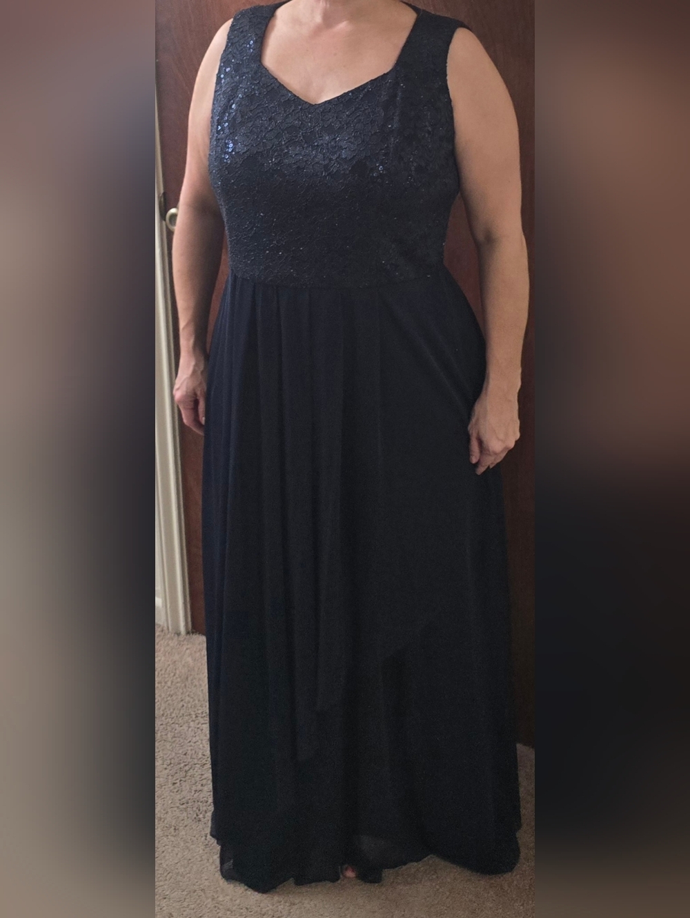 R&M Richards Dark Blue Beaded Sleeveless Maxi Gown